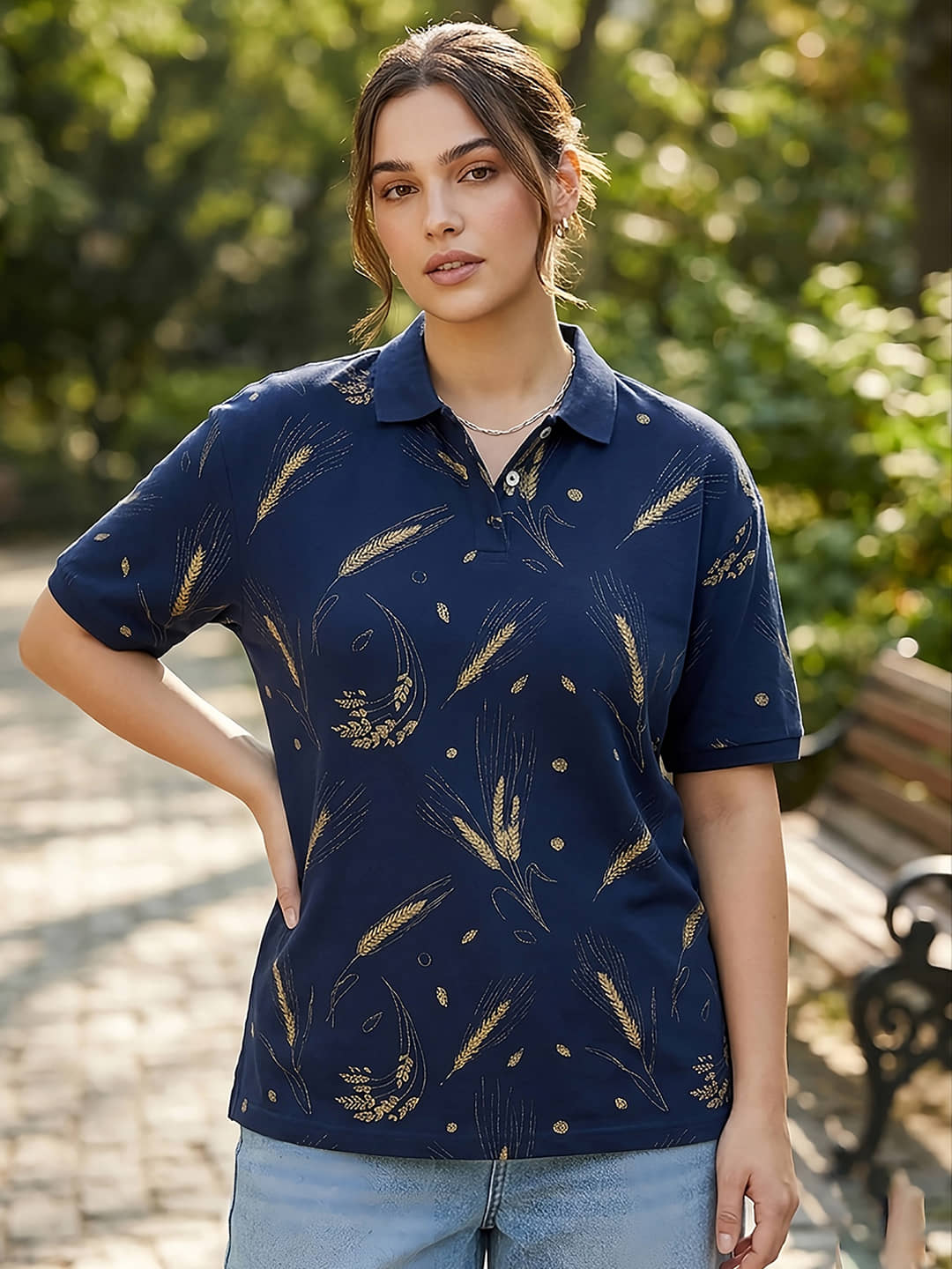 GET GOLF Women Cotton Blend Oversized Fit Polo Collar T-Shirt ( Navy Blue )