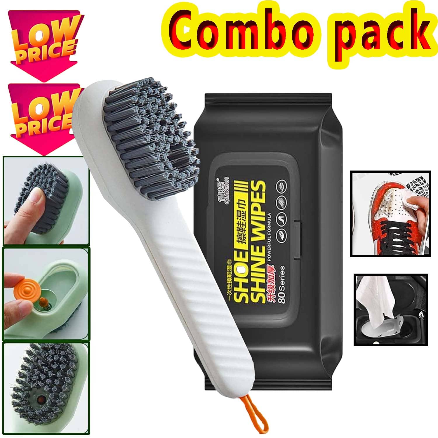 Multifunctional Shoe Cleaning Combo – 80 Count Resealable Quick Shine Wipes & Liquid Dispensing Scrub Brush with Soft Bristles | 2-in-1 Automatic Soap Dispenser Washing Tool for Shoes and Clothes