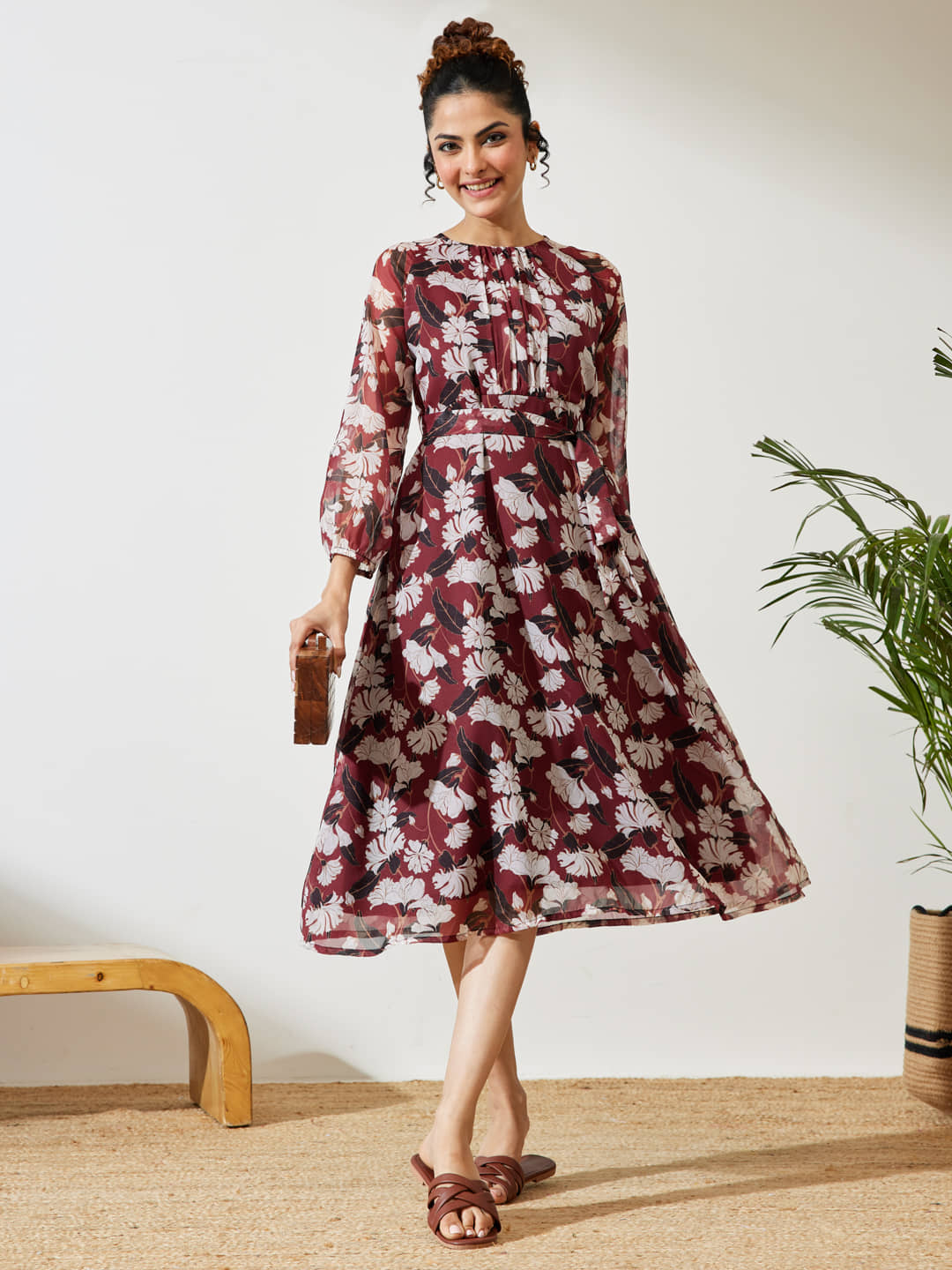 Janasya Women Chiffon Printed A-line Dress ( Brown )
