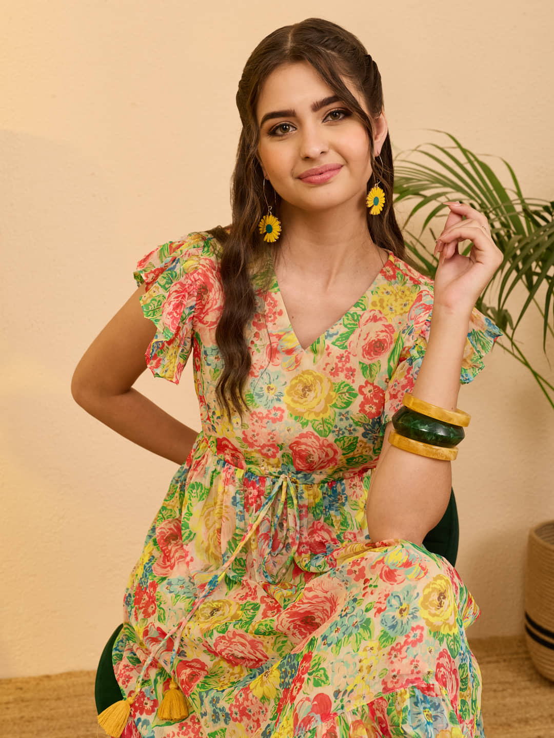 Janasya Women Chiffon Printed Fit & Flare Dress ( Multicolor )
