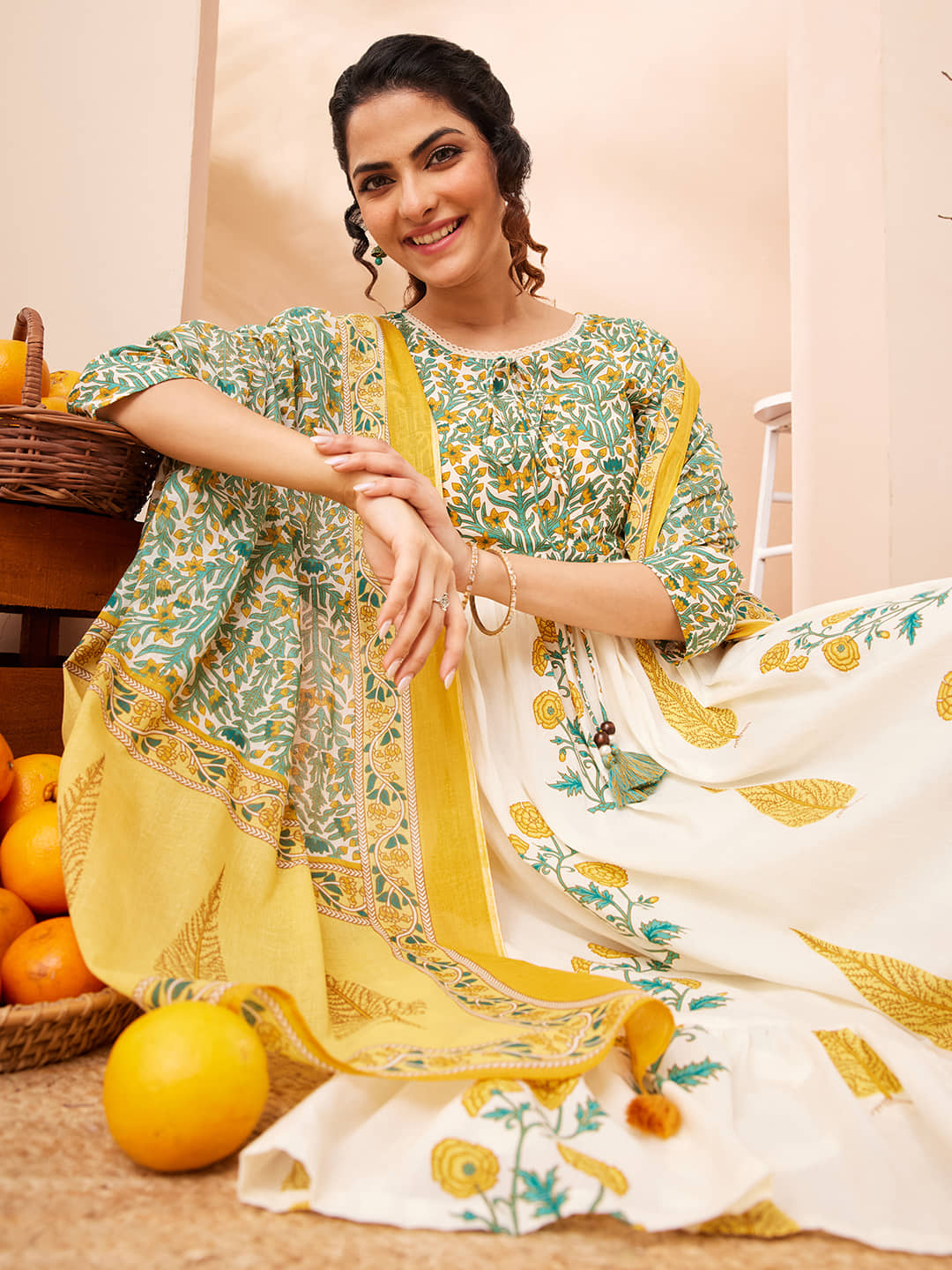 Janasya Women Cotton Printed A-line Kurti With Pants ( Off White )
