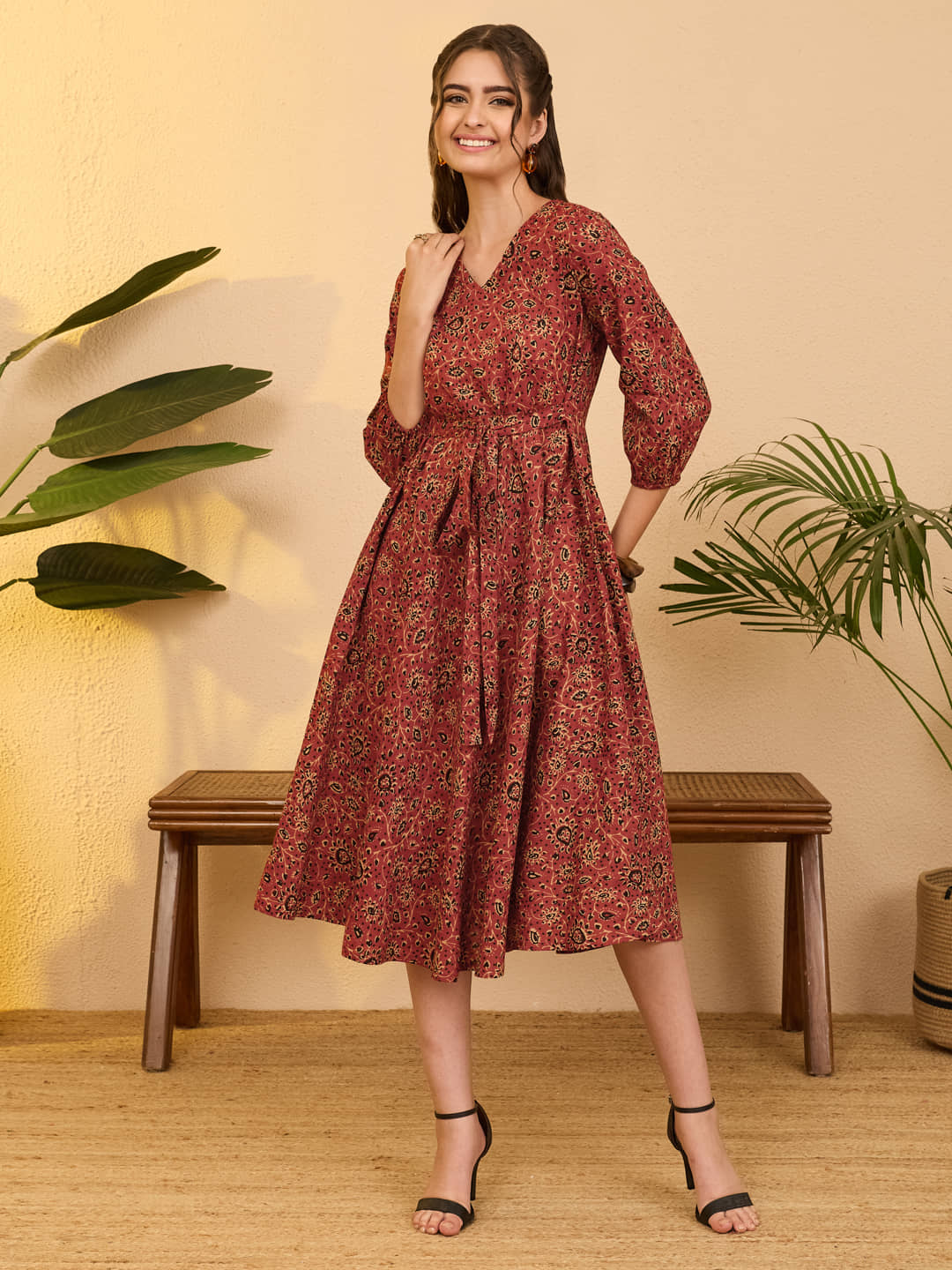 Janasya Women Cotton Printed A-line Dress ( Rust )