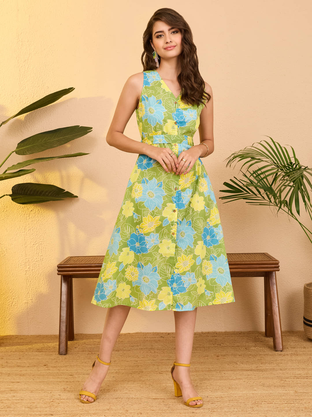 Janasya Women Cotton Printed A-line Dress ( Green )