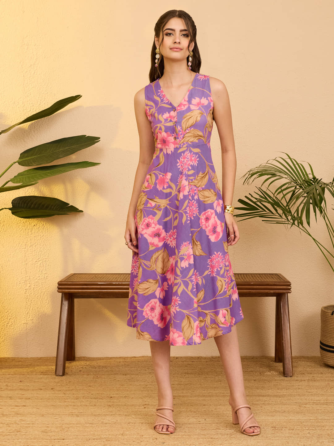Janasya Women Cotton Printed Fit & Flare Dress ( Purple )