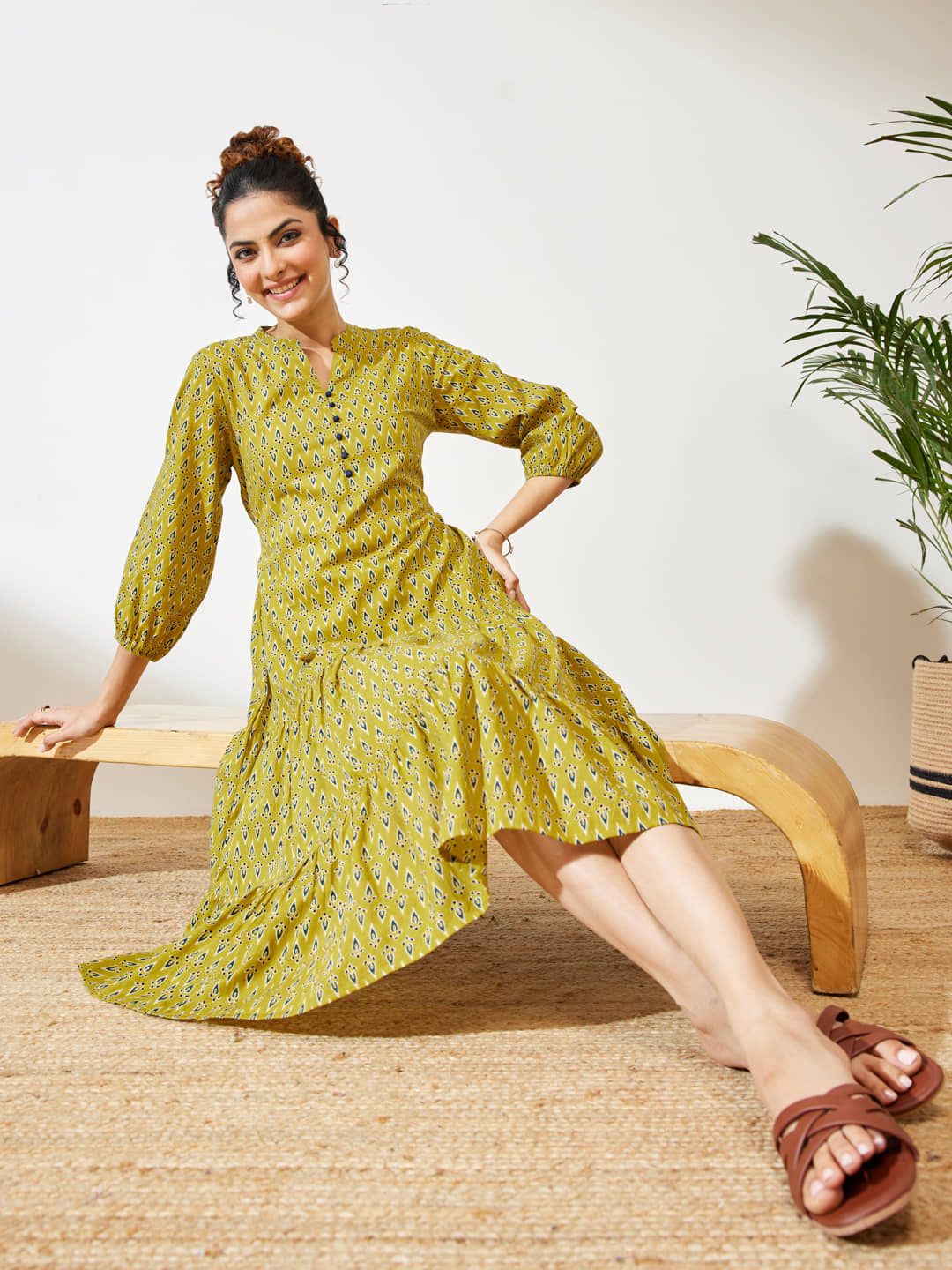 Janasya Women Cotton Printed Fit & Flare Dress ( Mustard )