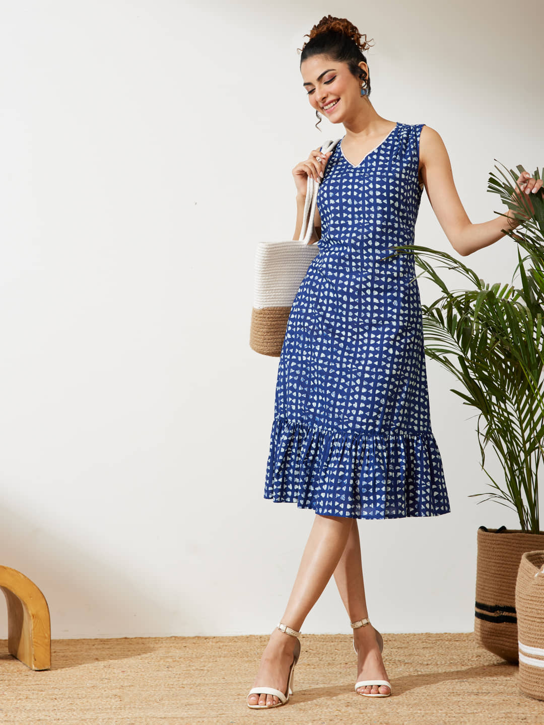 Janasya Women Cotton Printed Fit & Flare Dress ( Navy Blue )