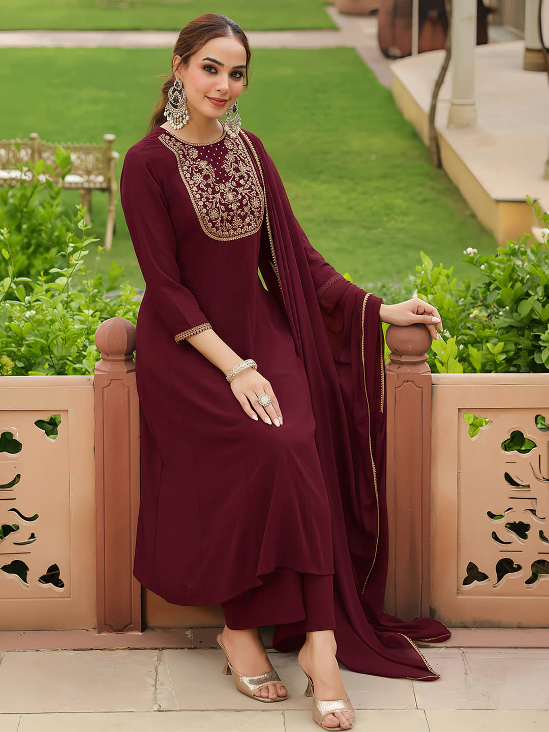 Janasya Women Georgette Printed Anarkali Kurti With Palazzo ( Maroon )