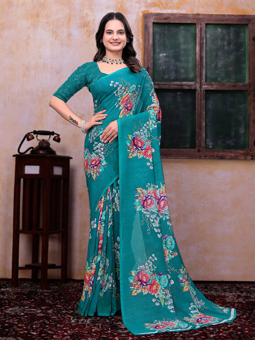 Kanooda Prints Georgette Printed Regular Saree With Unstitched Blouse Piece ( Red ) - Sarees | Buy online on ZillyBuy