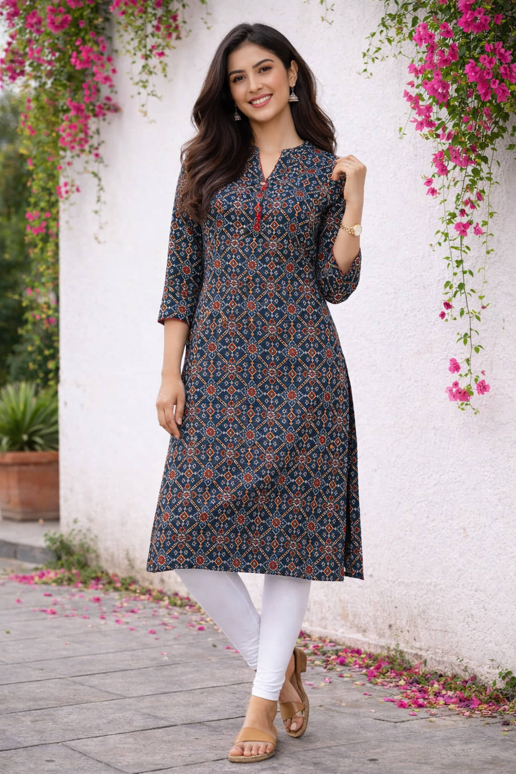 Rajnandini Women Cotton Printed Straight Kurti with Dupatta ( Navy Blue ) - Kurtis, Tunics | Buy online on ZillyBuy