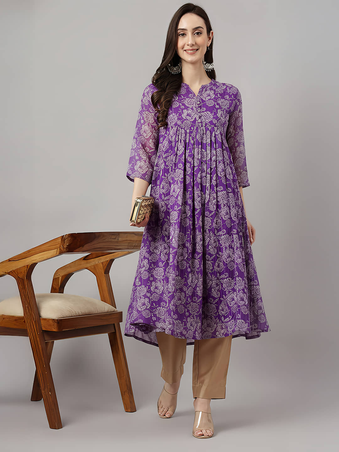 Janasya Women Chiffon Printed A-line Kurti ( Purple ) - Kurtis, Tunics | Buy online on ZillyBuy