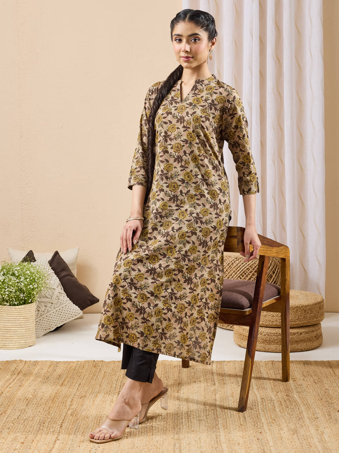 Janasya Women Cotton Printed Straight Kurti ( Brown ) - Kurtis, Tunics | Buy online on ZillyBuy