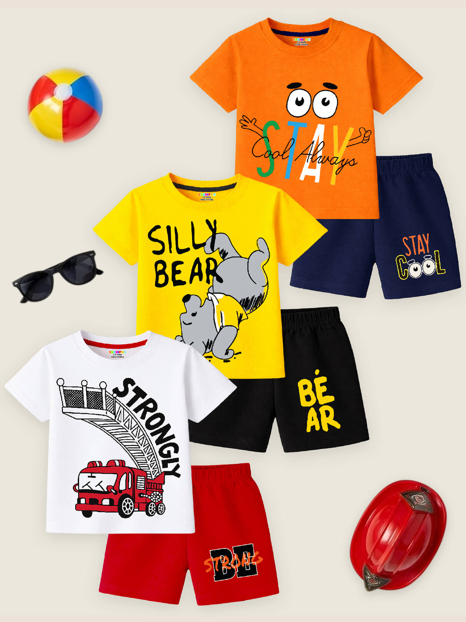 Kuchipoo Boys Cotton Blend T-Shirt & Shorts Set ( Multicolor , Pack of 3 )