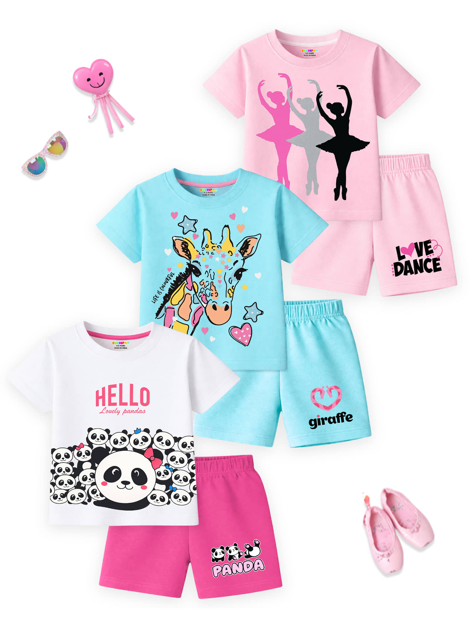 Kuchipoo Girls Cotton Blend T-shirt & Shorts Set ( Multicolor 1 , Pack of 3 )