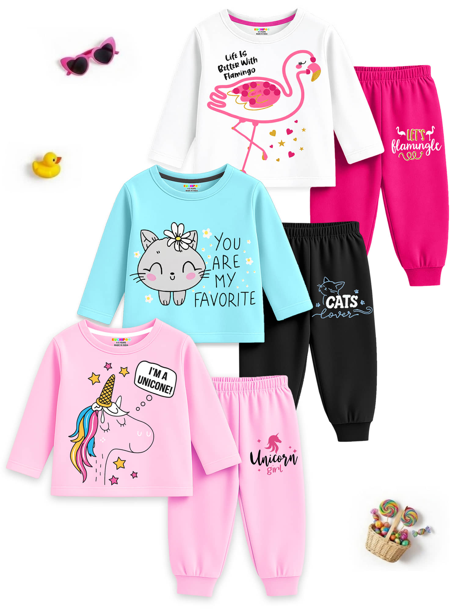 Kuchipoo Girls Cotton Blend T-shirt & Pyjama Set ( Multicolor 1 , Pack of 3 )