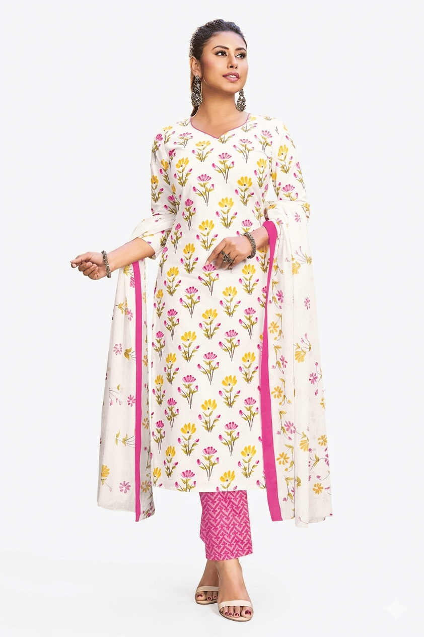 SIMMU Women Cotton Printed Straight Kurti With Pants ( White )