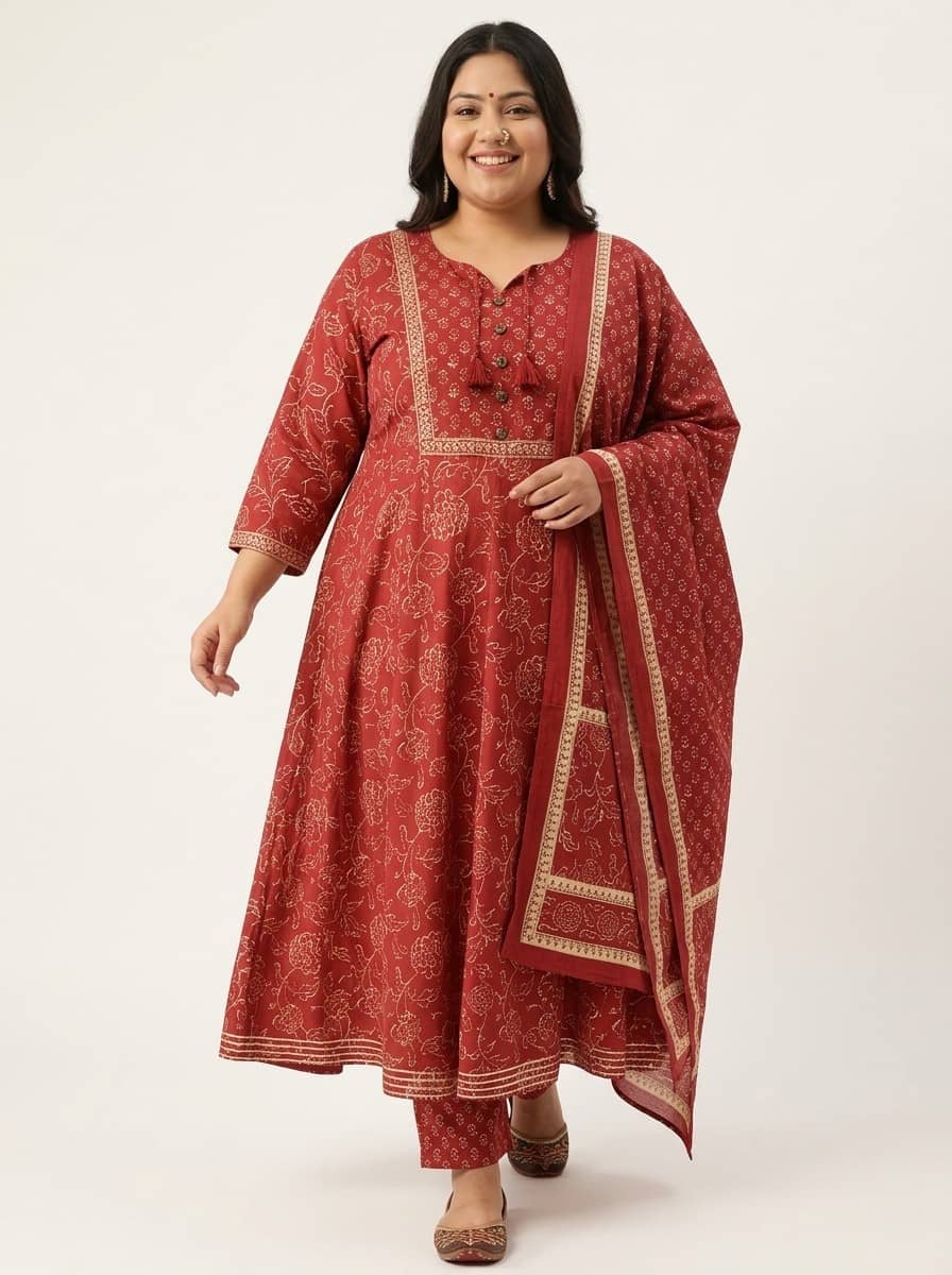 Swasti Women Cotton Printed Anarkali Kurti With Pants ( Rust )