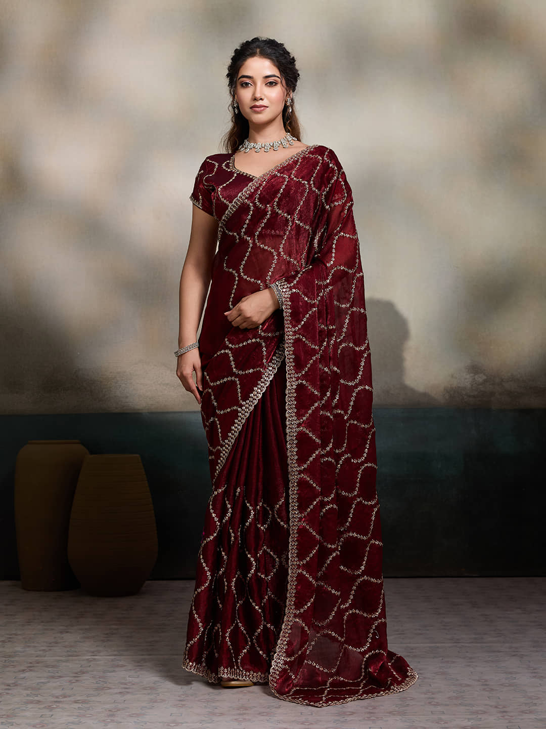 TTH Organza Embellished Regular Saree With Unstitched Blouse Piece ( Rama ) - Sarees | Buy online on ZillyBuy