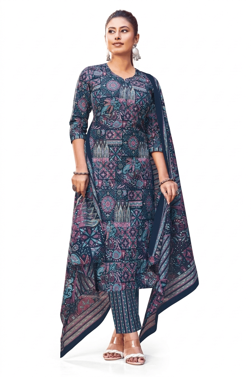 shree jeenmata collection Women Cotton Printed Straight Kurti With Pants ( Blue )