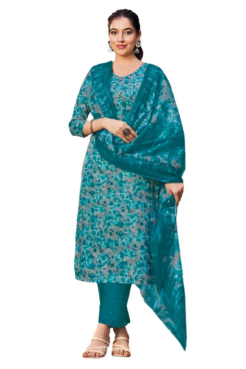 shree jeenmata collection Women Cotton Printed Straight Kurti With Pants ( Blue )