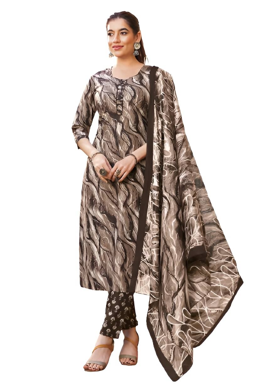 shree jeenmata collection Women Cotton Printed Straight Kurti With Pants ( Brown )
