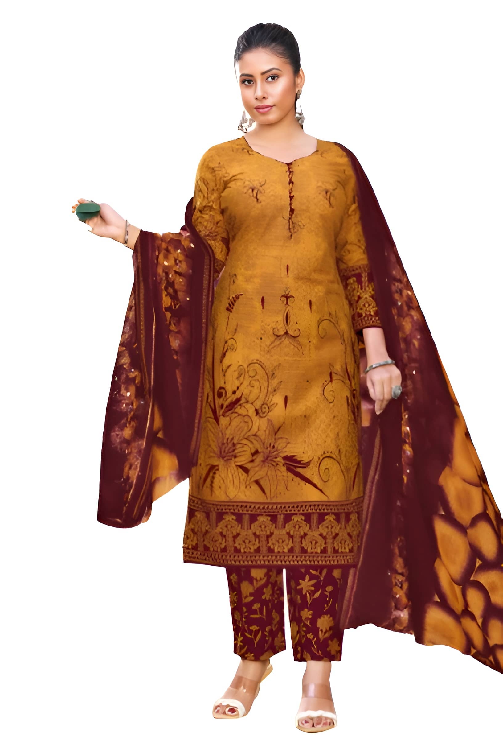 shree jeenmata collection Women Cotton Printed Straight Kurti With Pants ( Brown )