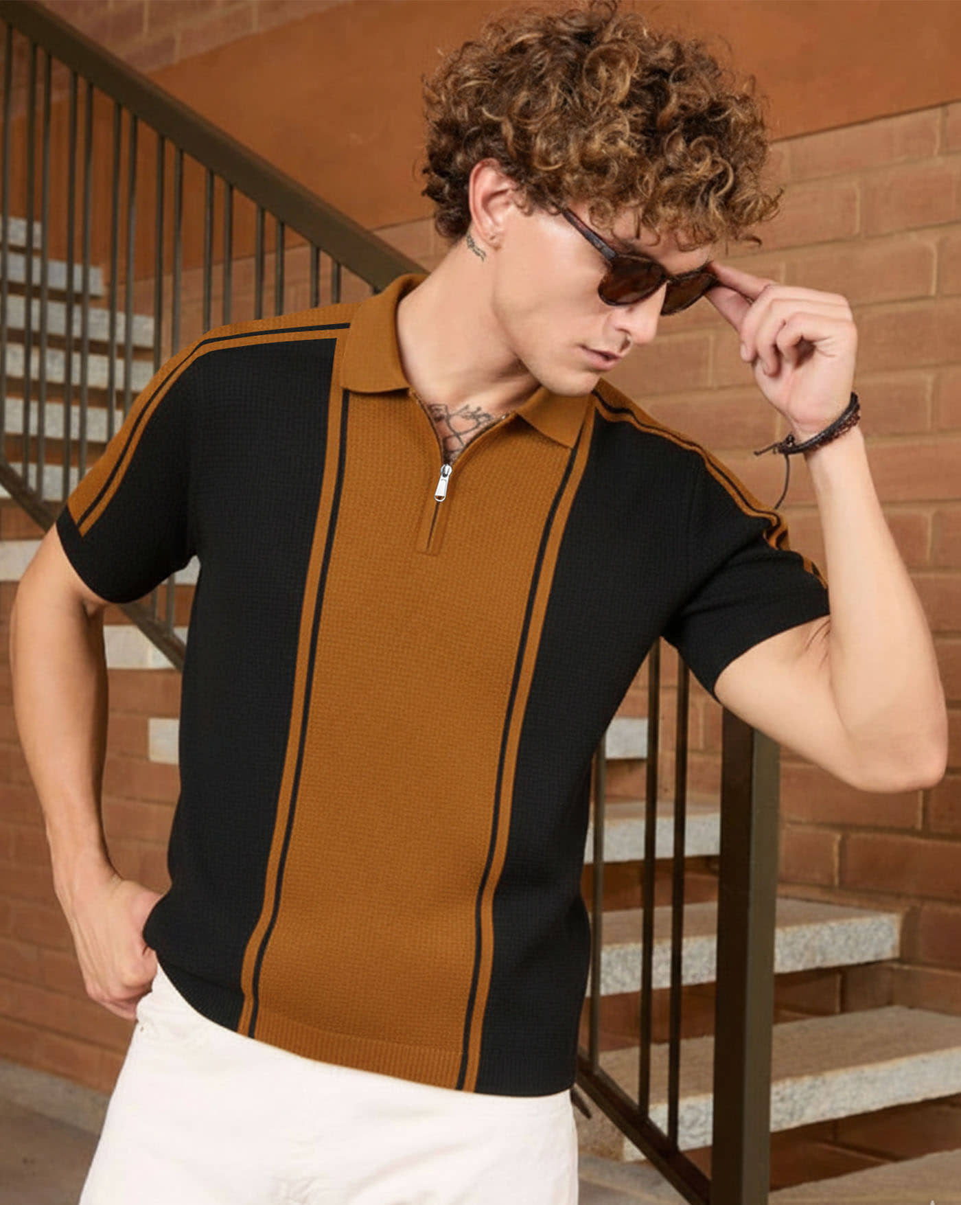 AUSK Men Cotton Blend Regular Fit Colorblock Polo T Shirt ( Coffee )