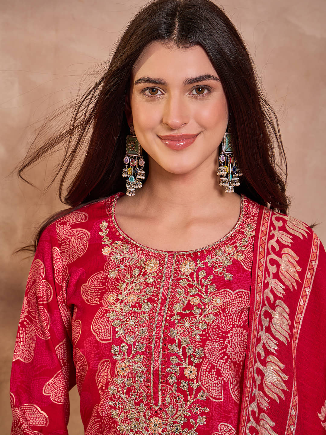Vaamsi Women Silk Blend Printed Straight Kurti With Pants ( Pink )