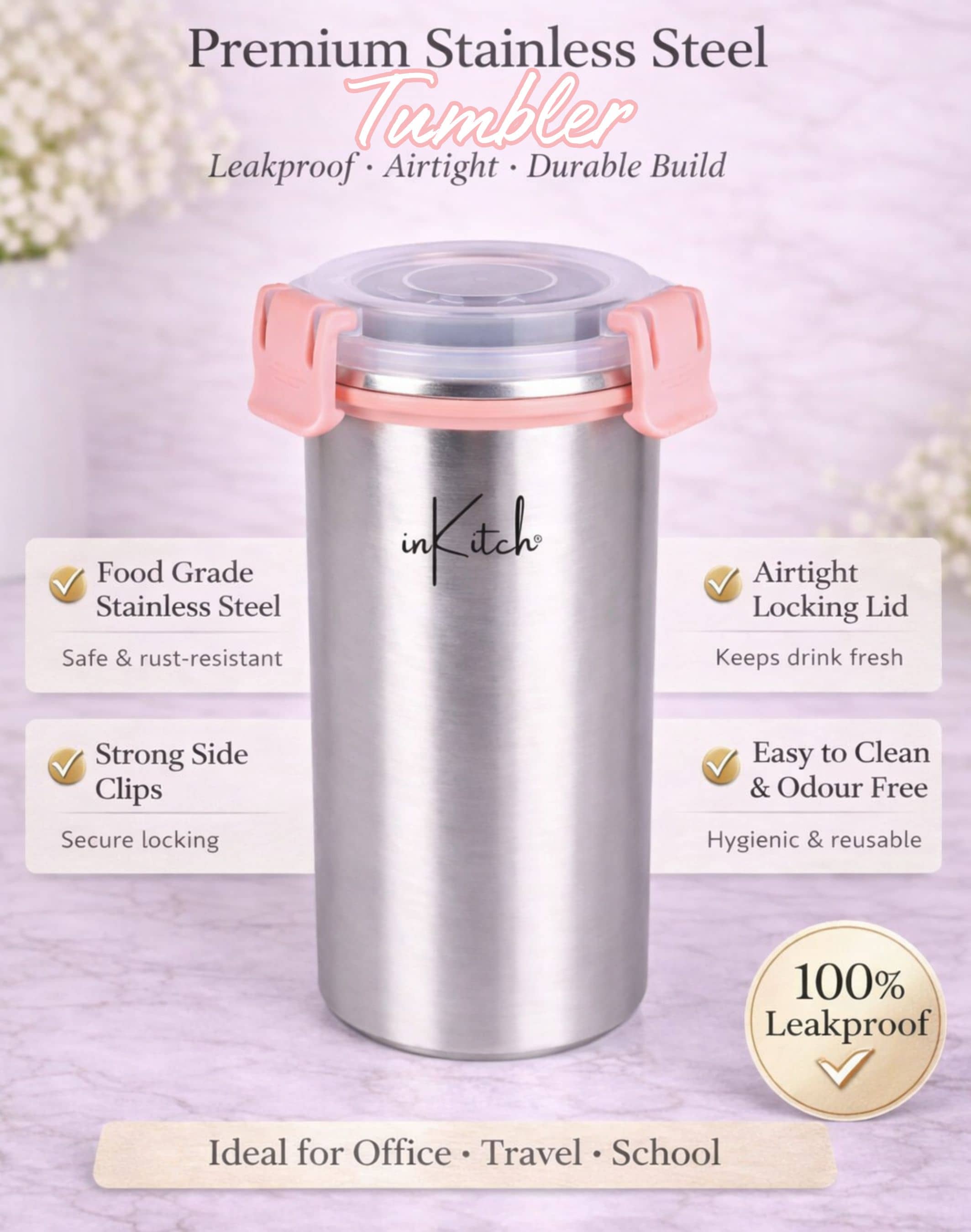 inKitch Premium Steel Tumbler Steel Juice Glass ( Pink)