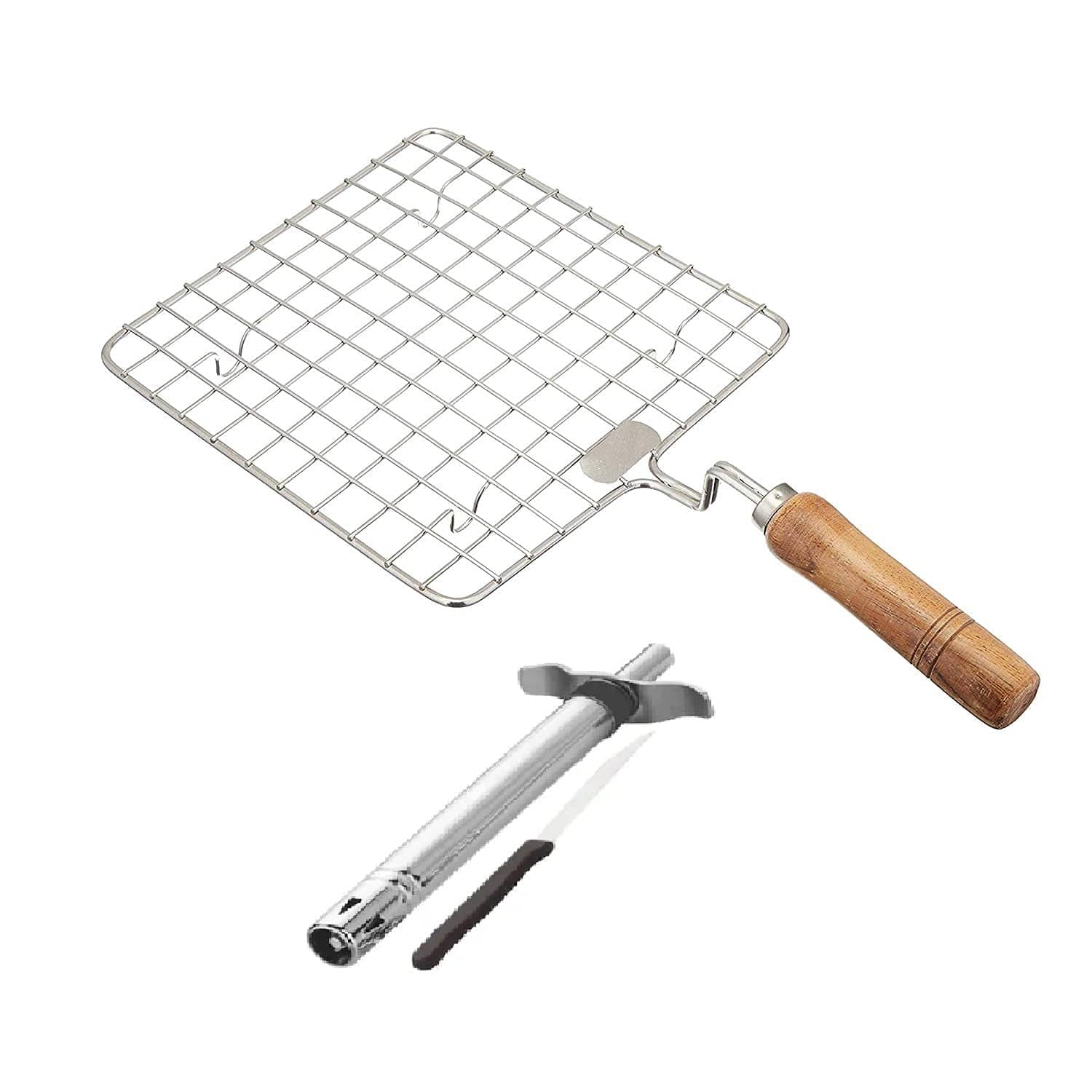 Combo Pack of 3 ,Stainless Steel Roaster with Wooden Handle & Gas Lighter plus1 Knife  | Multipurpose Papad Jali, Roti Grill, and Chapati Roaster for Gas Stove