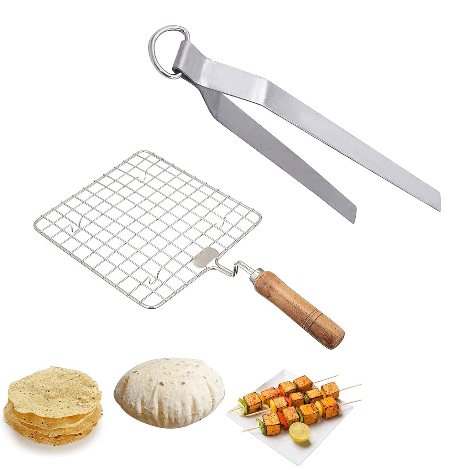 Heavy Duty Stainless Steel Roti Jali and Chimta Combo - Papad Roaster Jali Grill Mesh with Wooden Handle & Cooking Tong - Set of 2
