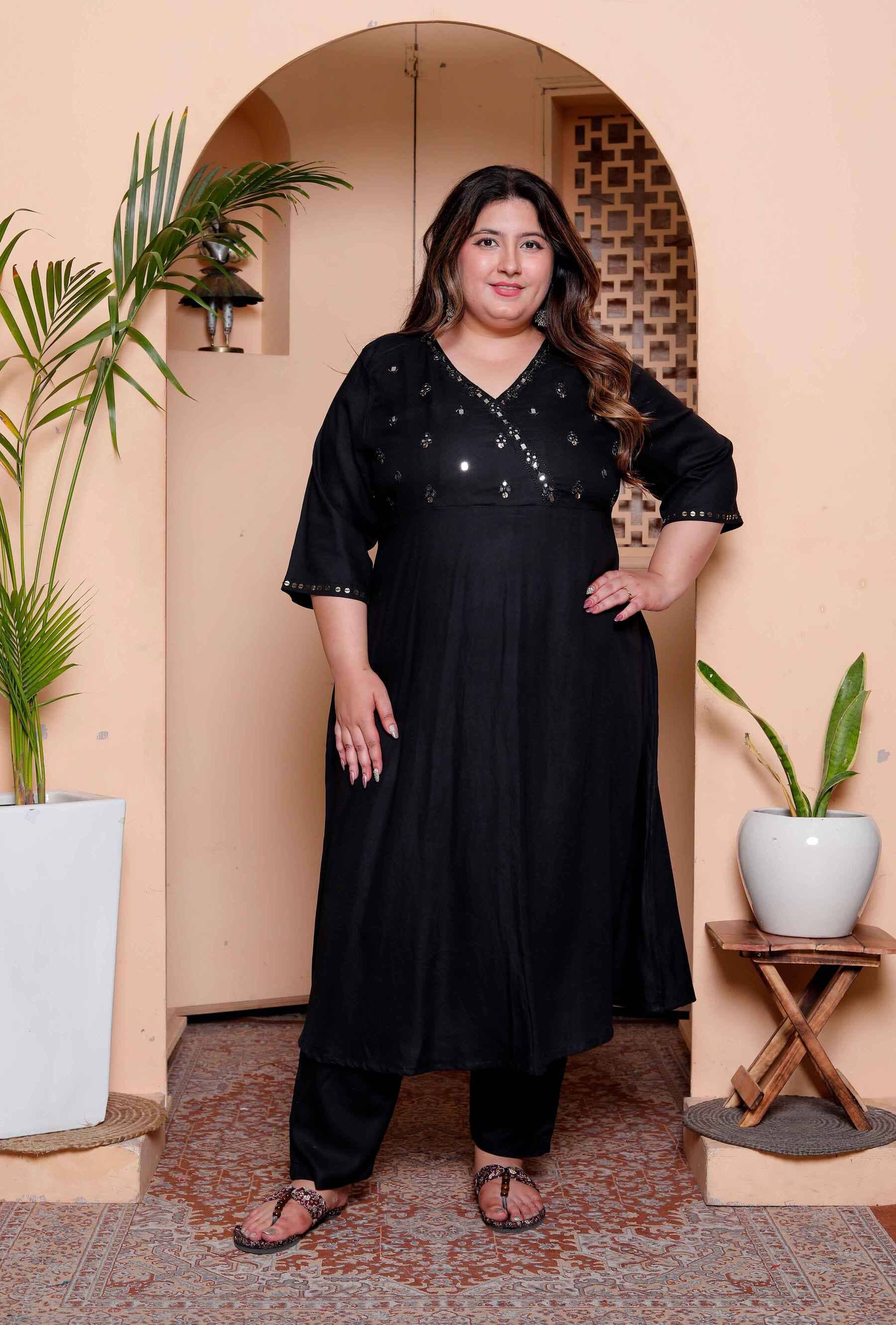 miravan Women Rayon Embroidered Angrakha Kurti With Palazzo ( Black )