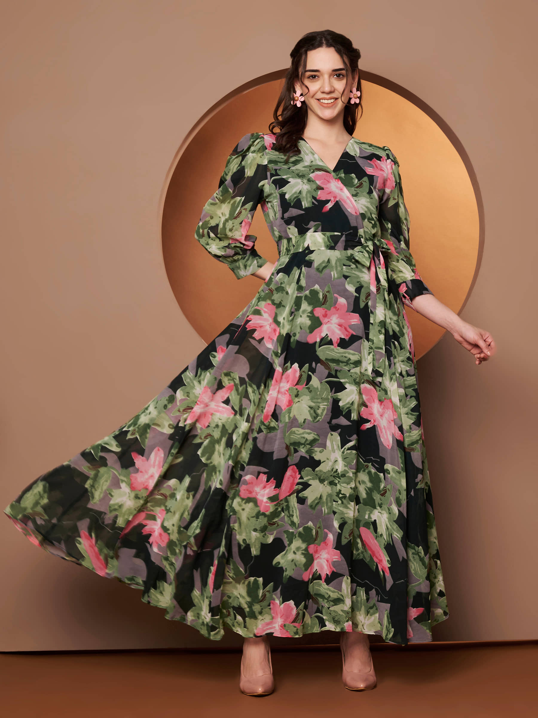 ZWERLON Women Georgette Printed Fit & Flare Dress ( Green )