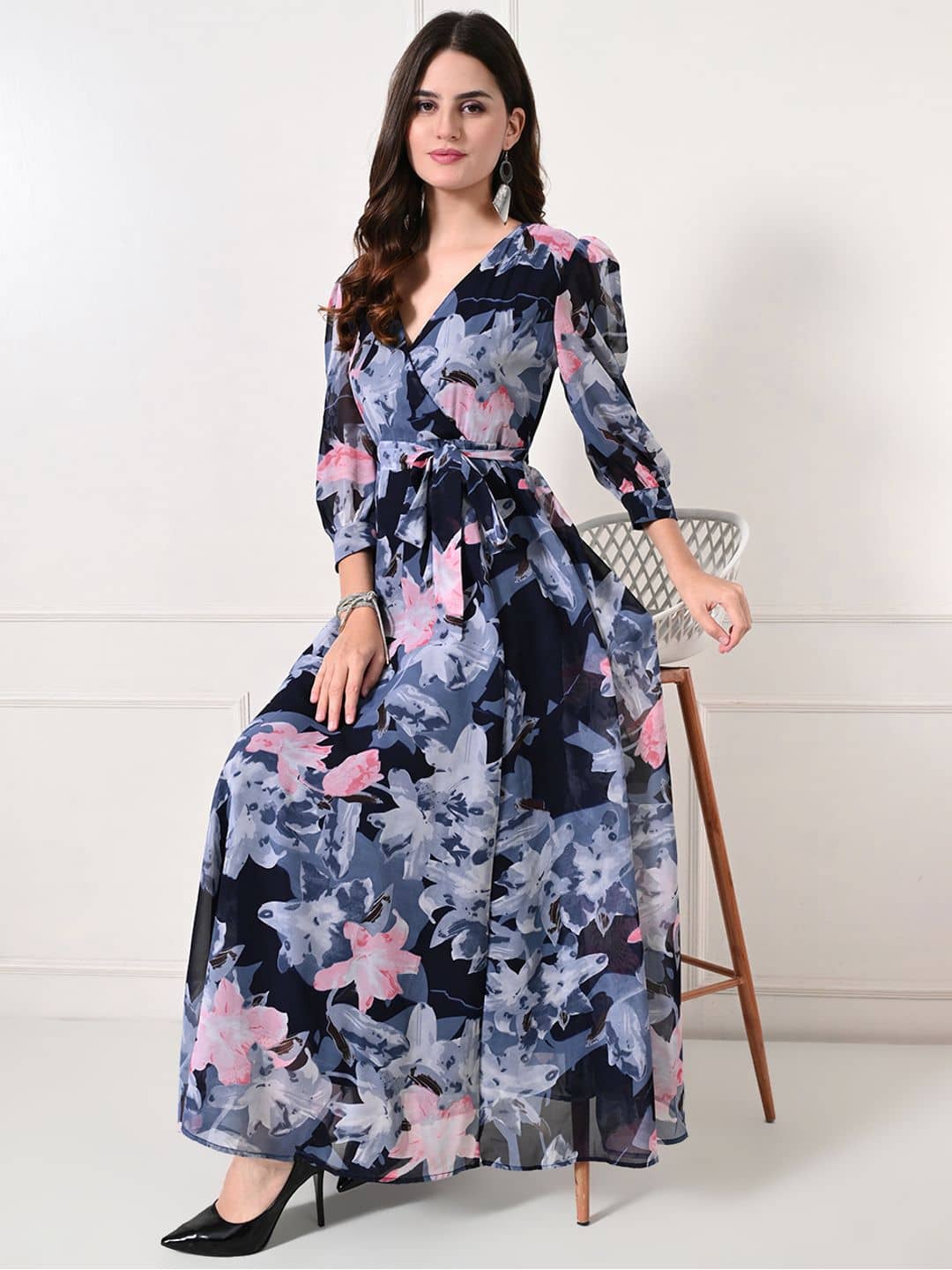 ZWERLON Women Georgette Printed Fit & Flare Dress ( Blue )