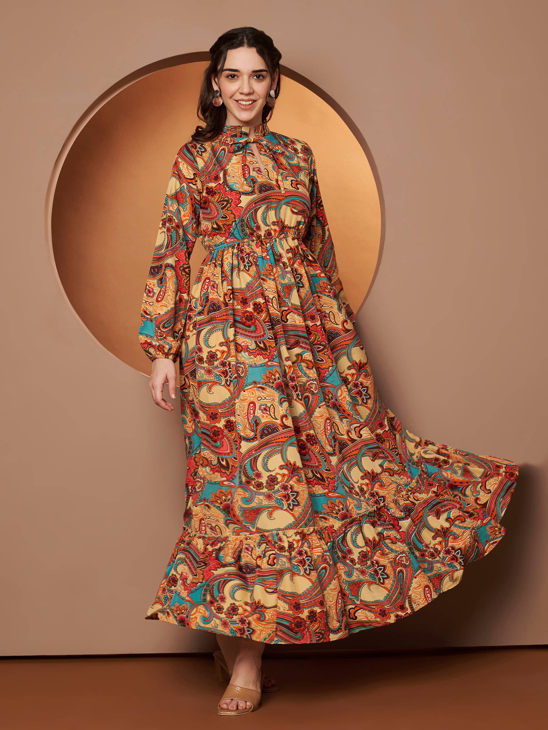 ZWERLON Women Viscose Rayon Printed A-line Dress ( Brown )