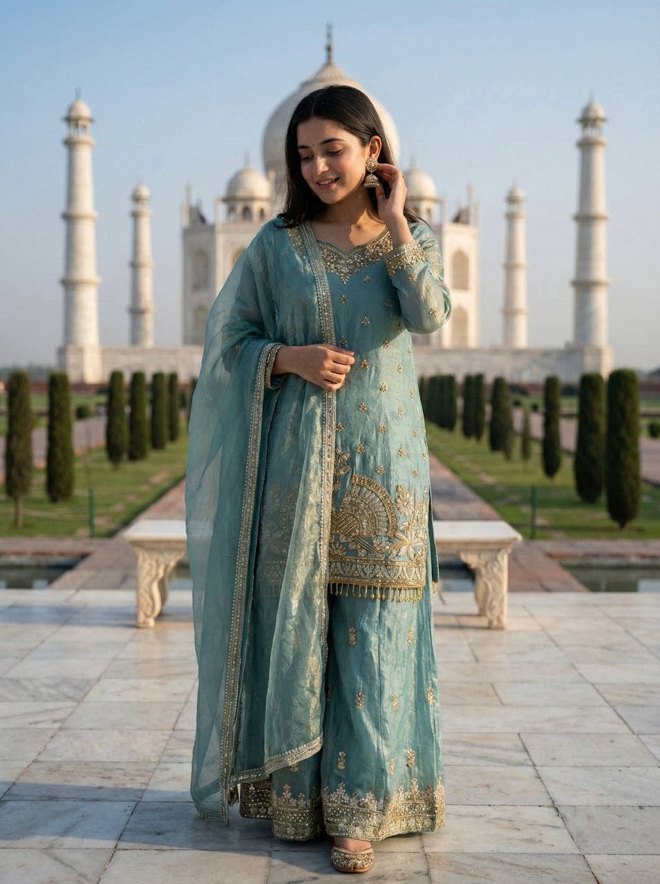 BHAGYASHRAY Women Silk Embroidered Ethnic Motifs Kurti With Alladin Salwar ( Blue )