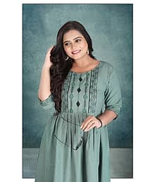 Artful Living Women Cotton Embroidered Anarkali Kurti ( Grey )
