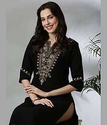 Punky Women Silk Blend Embroidered Straight Kurti ( Black )