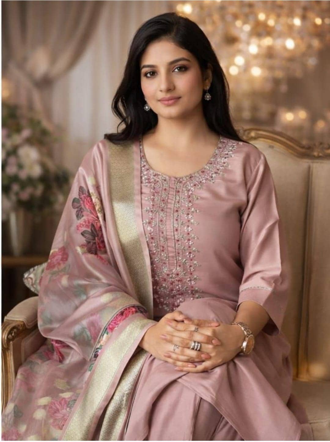 Radhe Enterprise Women Rayon Embroidered Straight Kurti With Pants ( Peach )