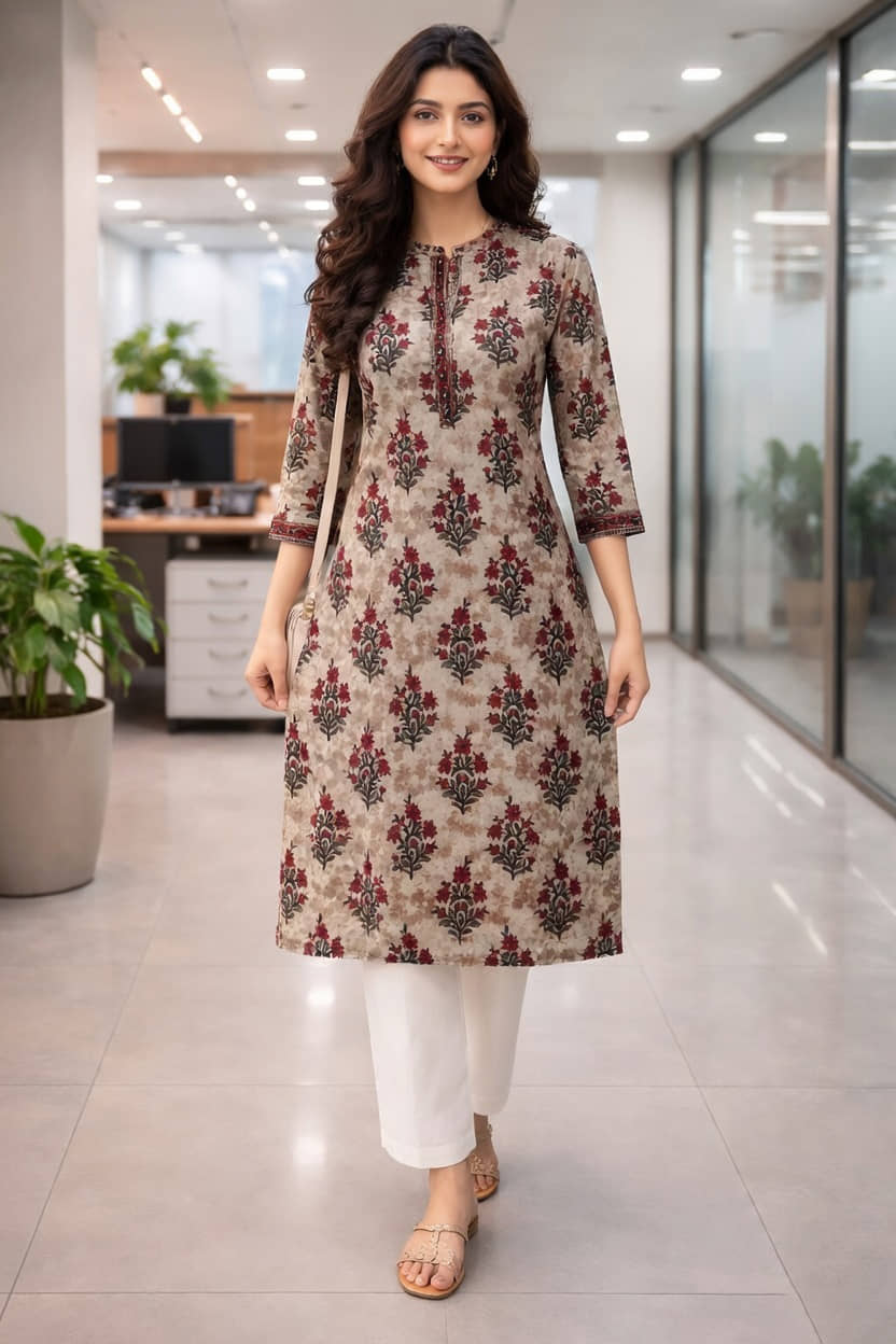 Rajnandini Women 100% Cotton Printed Straight Kurti ( Brown ) - Kurtis, Tunics | Buy online on ZillyBuy