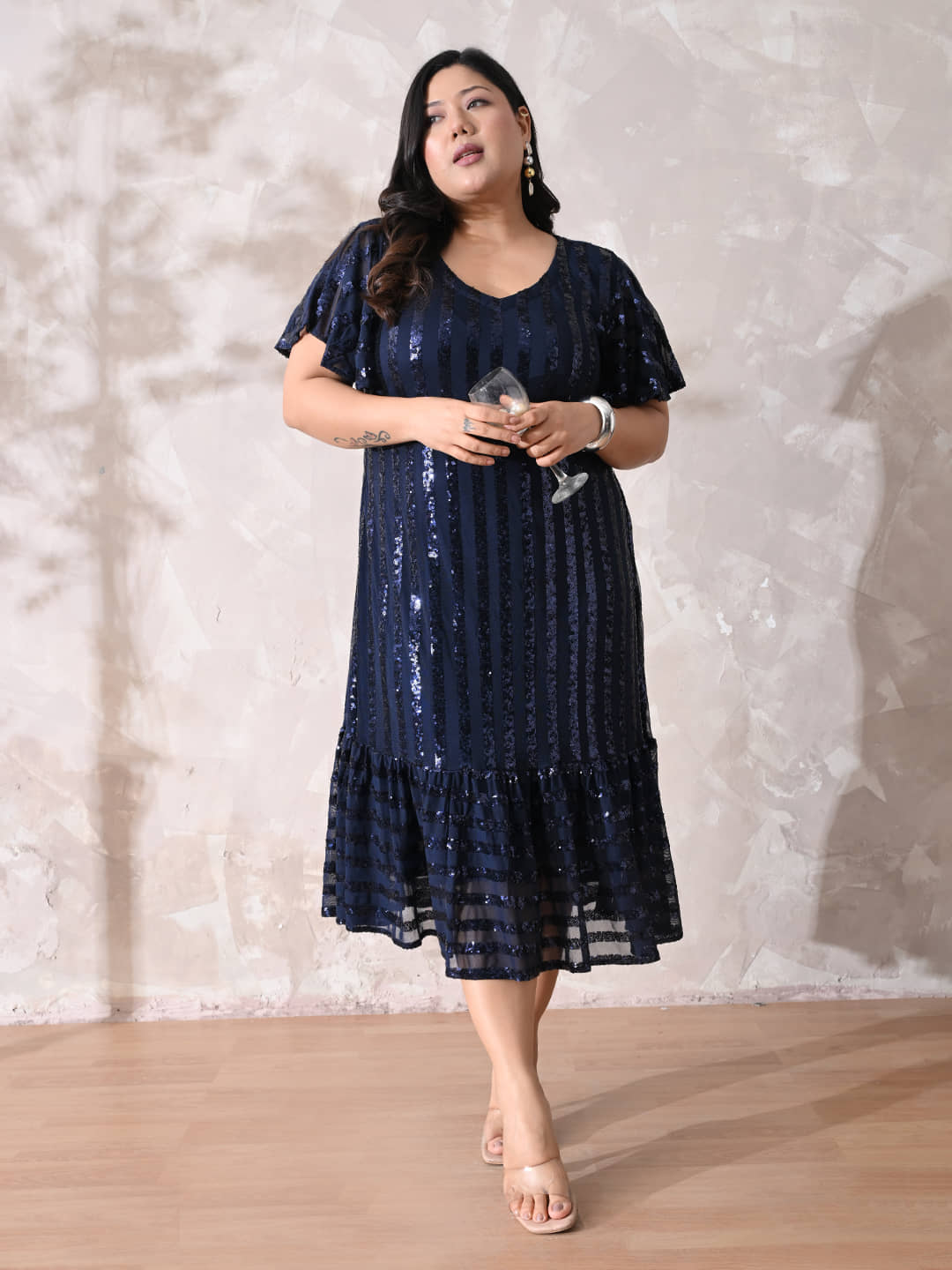 PrettyPlus by Desinoor.com Women Lycra Embellished A-line Dress ( Navy )