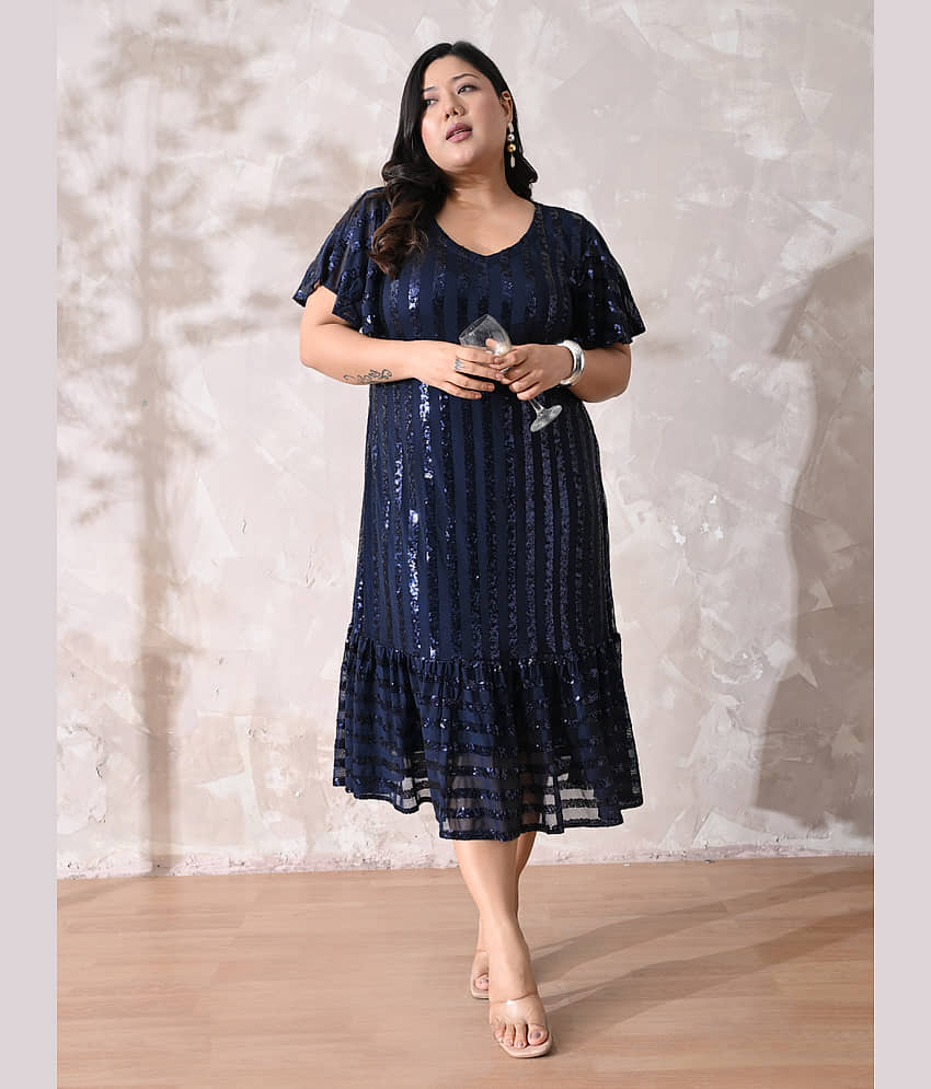 PrettyPlus by Desinoor.com Women Lycra Embellished A-line Dress ( Navy )