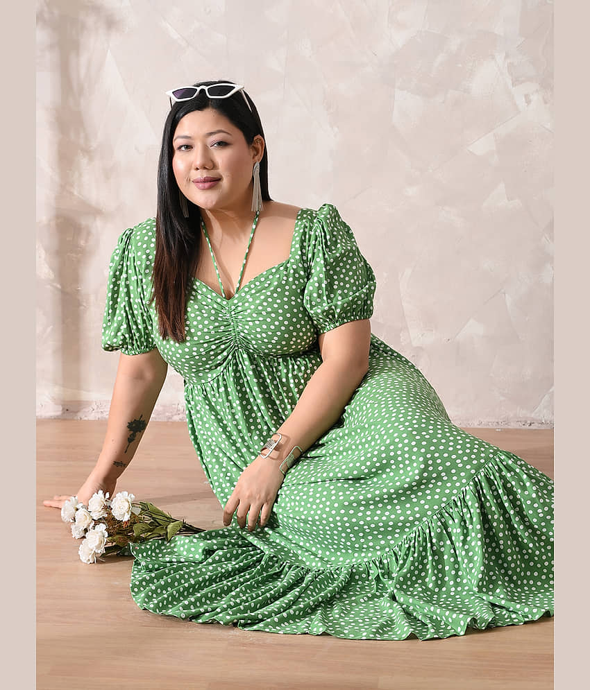PrettyPlus by Desinoor.com Women Rayon Printed Fit & Flare Dress ( Green )