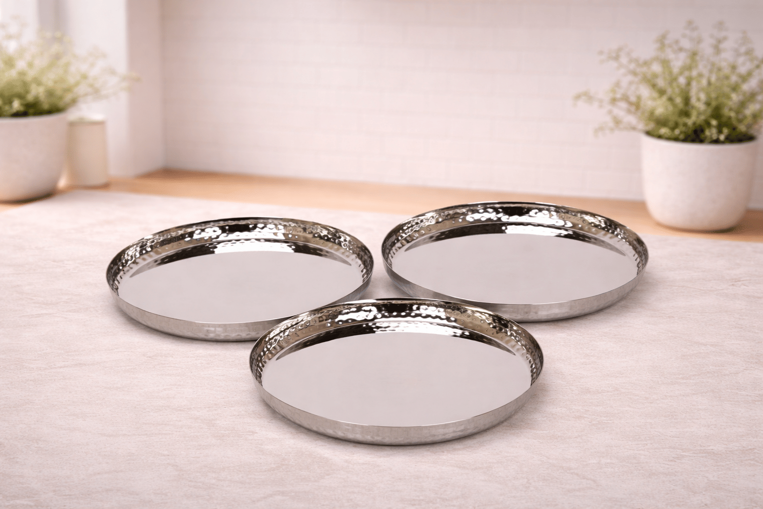 ATROCK Embossed Stainless Steel Dinner Set ( Pack of 3 ) Silver