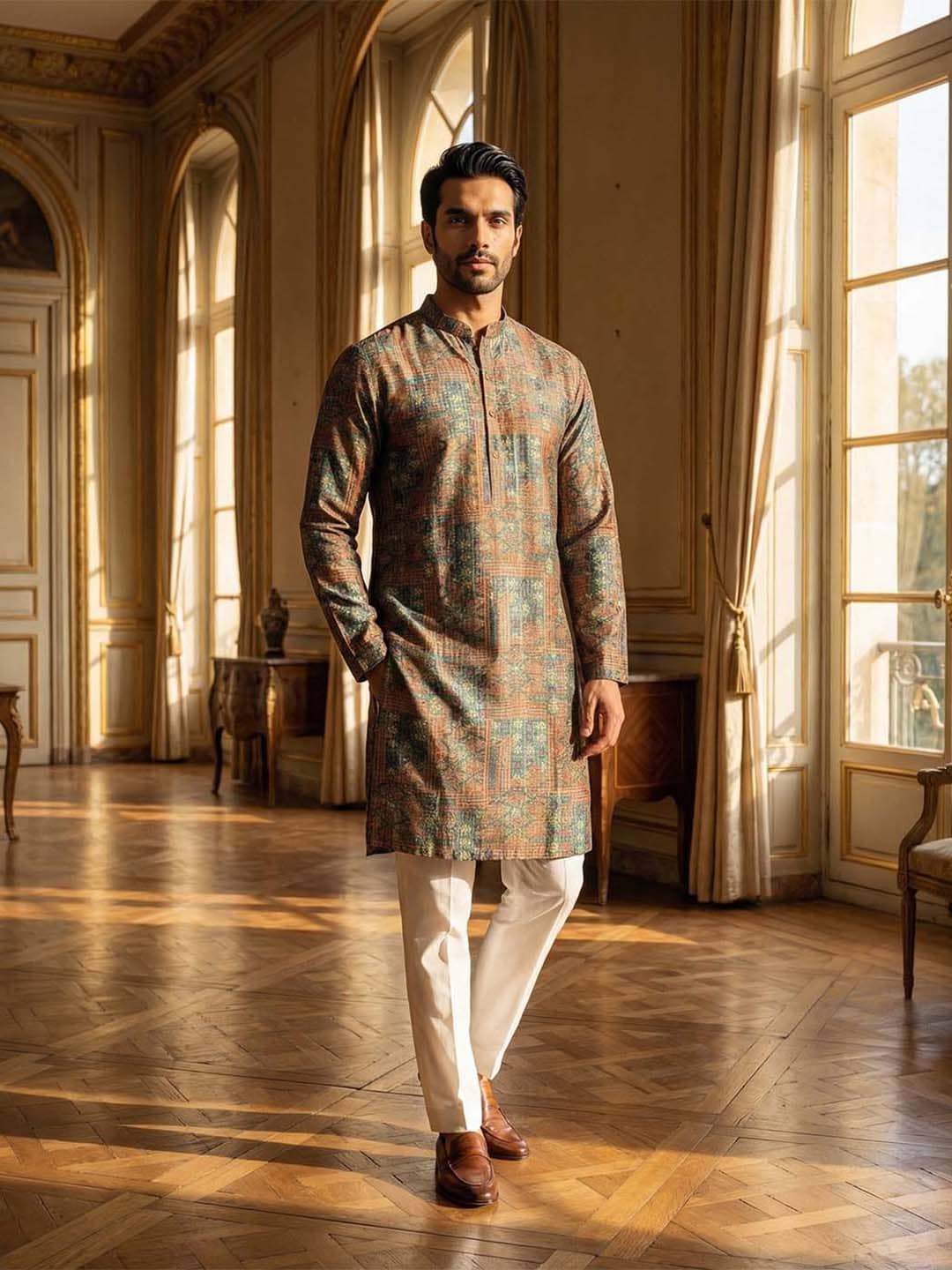 Ethnic Bay Blended Printed Regular Kurta For Men ( Blue ) - Kurtas & Kurta Sets | Buy online on ZillyBuy