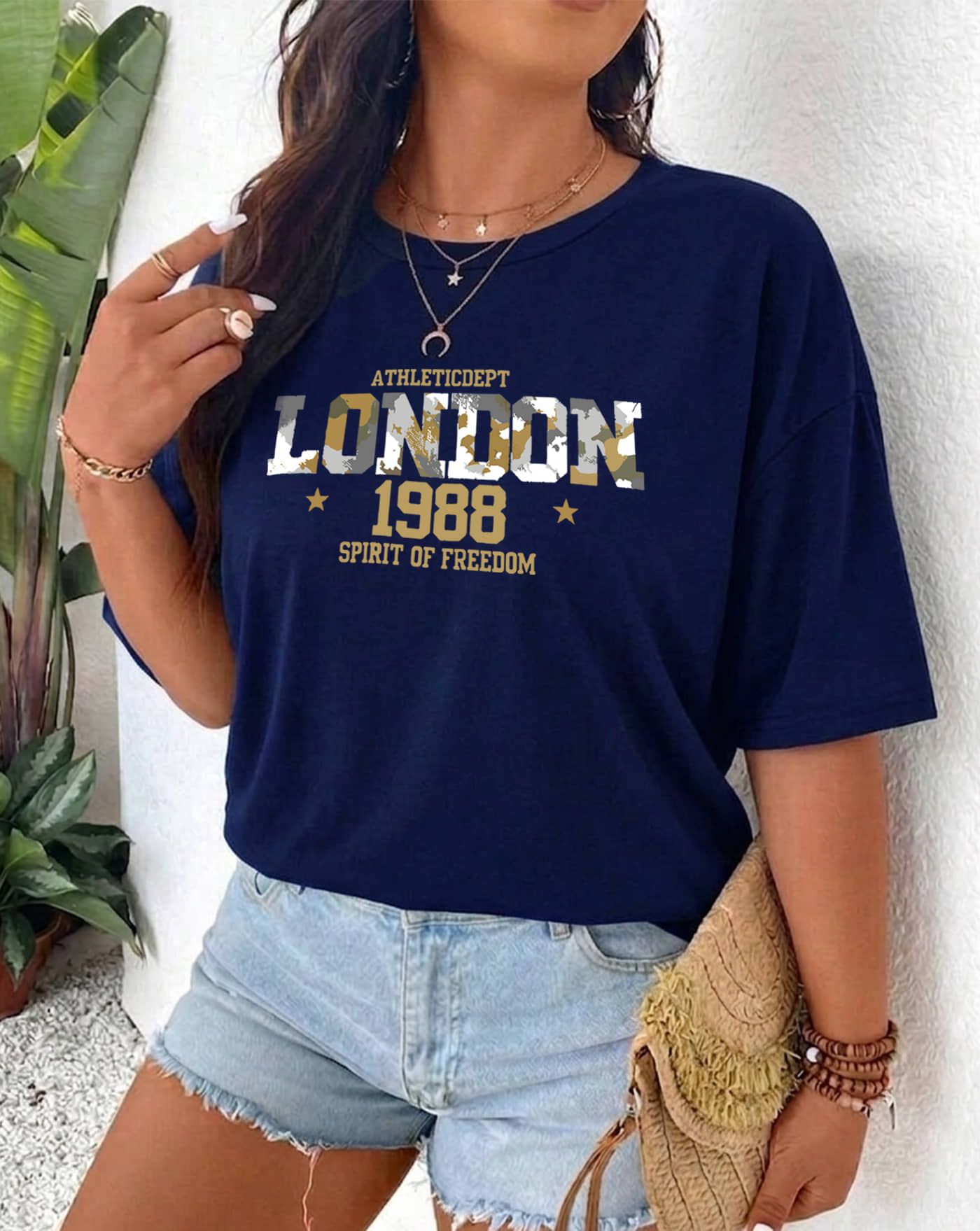 AUSK Women Cotton Blend Printed Oversized Fit Round Neck T-Shirt ( Blue )