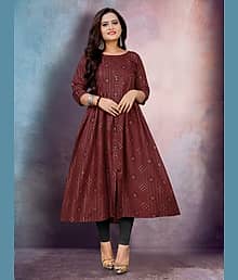 Artful Living Women Cotton Printed Anarkali Kurti ( Maroon )