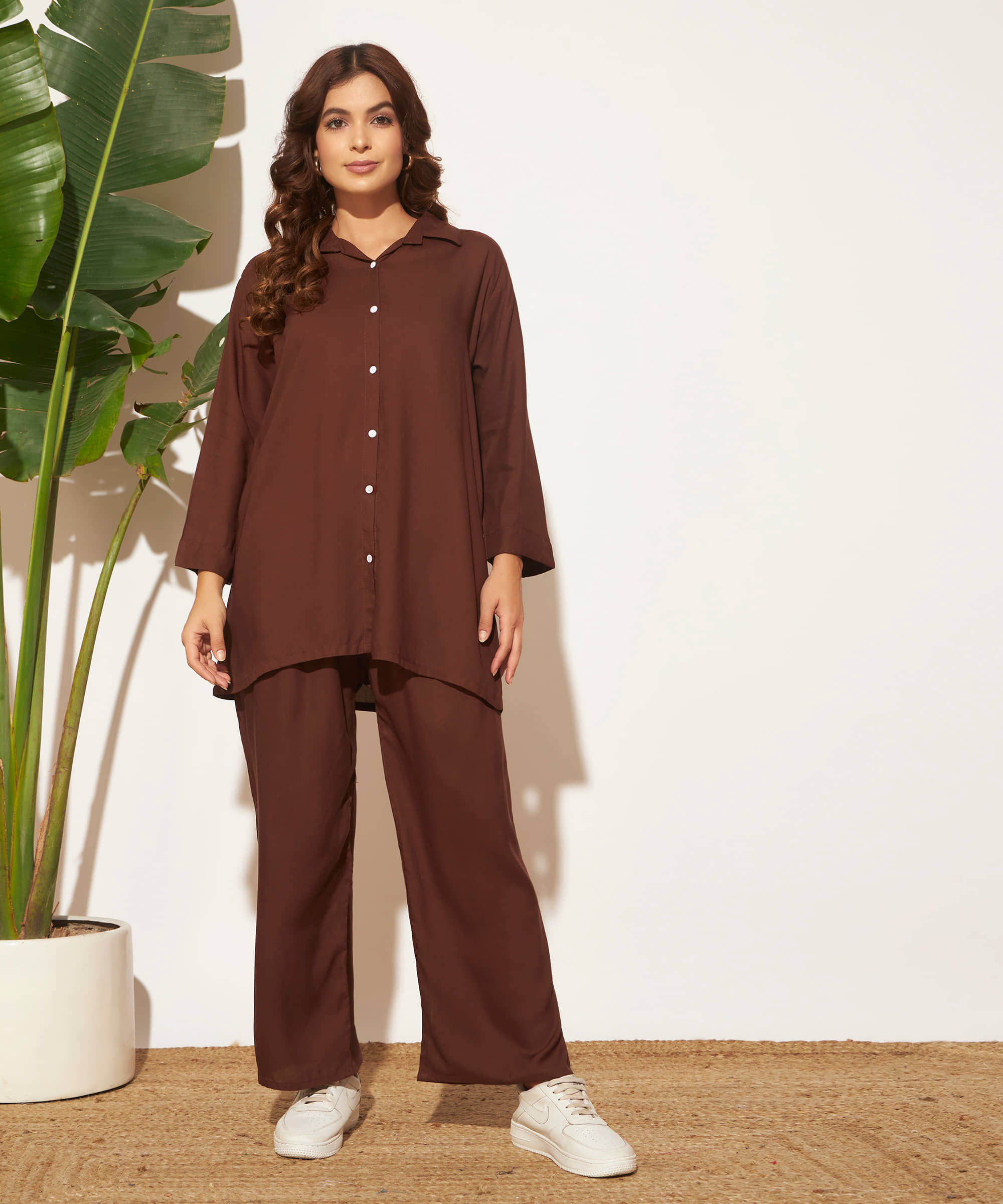 Canblar Women Solid Shirt With Palazzos Co-Ord Set ( Coffee )