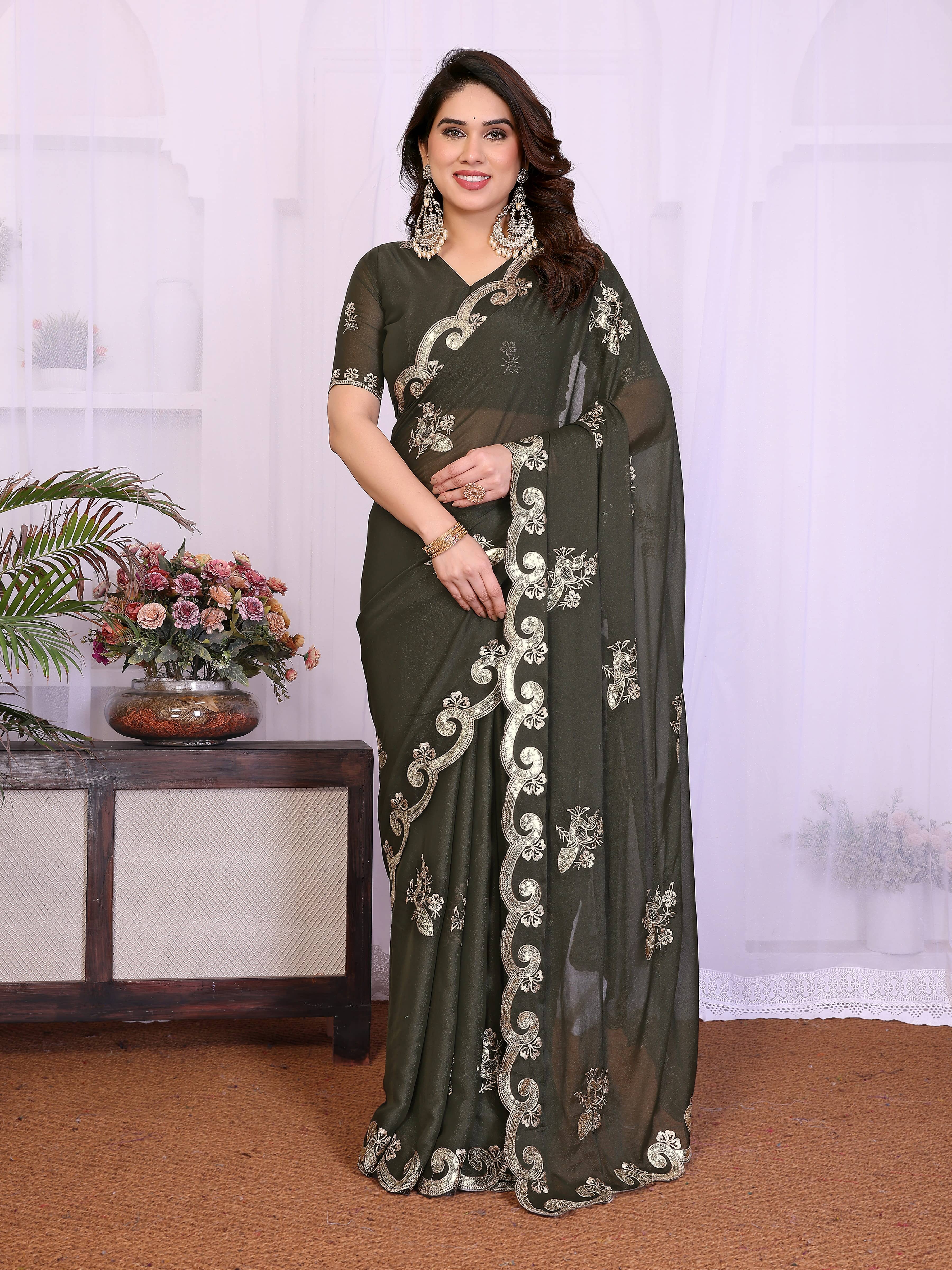 VEDANT VASTRAM Georgette Embroidered Regular Saree With Unstitched Blouse Piece ( Olive ) - Sarees | Buy online on ZillyBuy