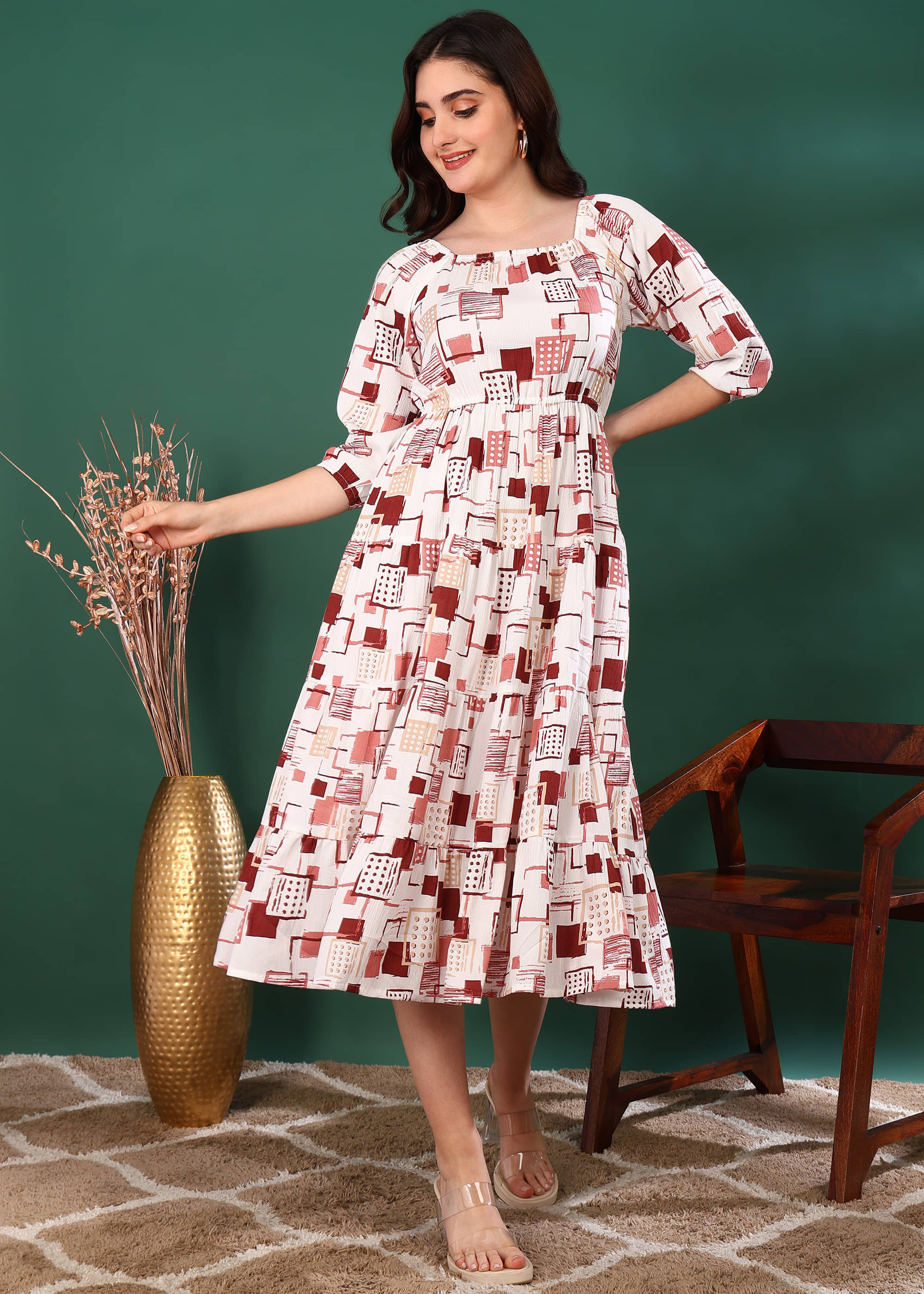 Yash Gallery Women Cotton Blend Printed Fit & Flare Dress ( White )