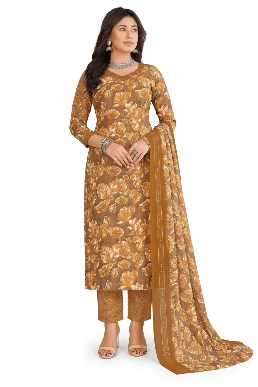 shree jeenmata collection Women Cotton Printed Straight Kurti With Pants ( Brown )